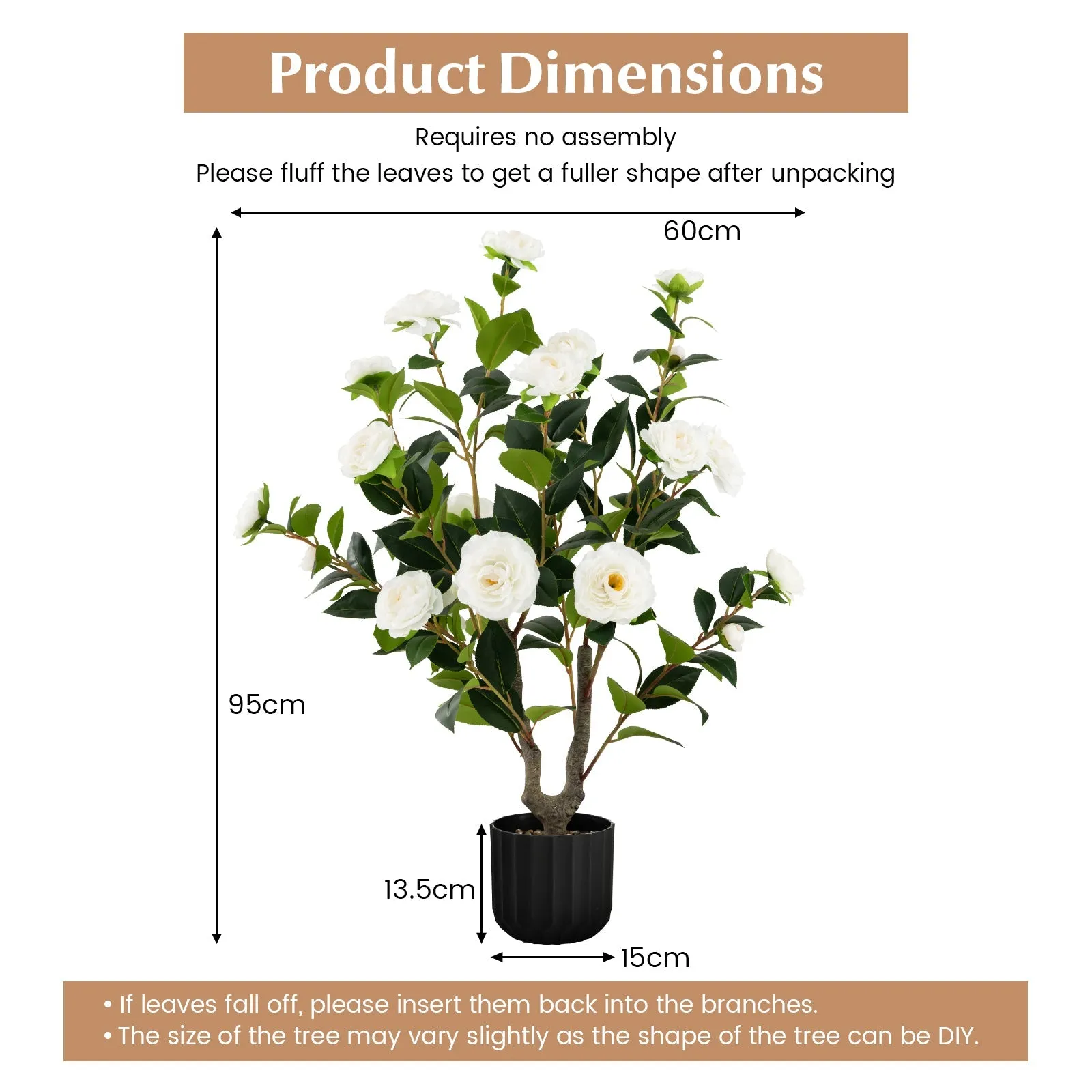 1/2 Pieces 95cm Artificial Camellia Tree with Flowers and Rain-Flower Pebbles-White-2 Pieces