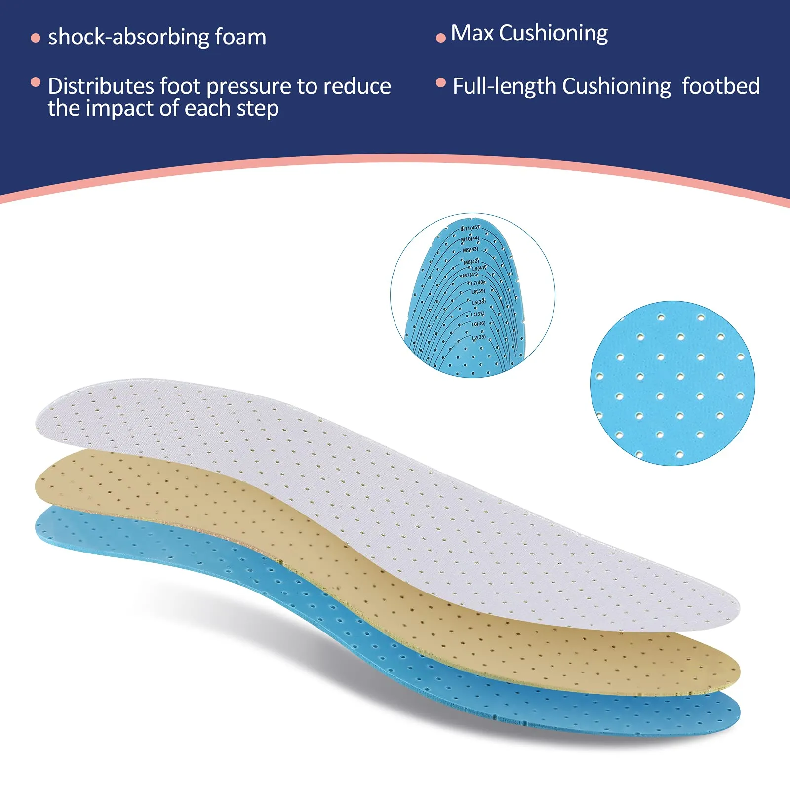 3 Pairs Breathable Shoe Insoles Inserts Ultra-Soft Cushioning Walking Comfort Insoles Double-Layer Latex Foam Perforated Insoles Replacement Insoles for Men 7-11 Woman 2-8 (White, Black, Grey) White, Black, Grey