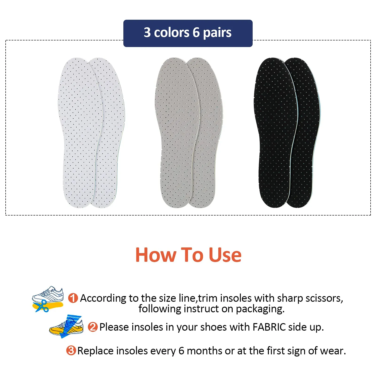 3 Pairs Breathable Shoe Insoles Inserts Ultra-Soft Cushioning Walking Comfort Insoles Double-Layer Latex Foam Perforated Insoles Replacement Insoles for Men 7-11 Woman 2-8 (White, Black, Grey) White, Black, Grey