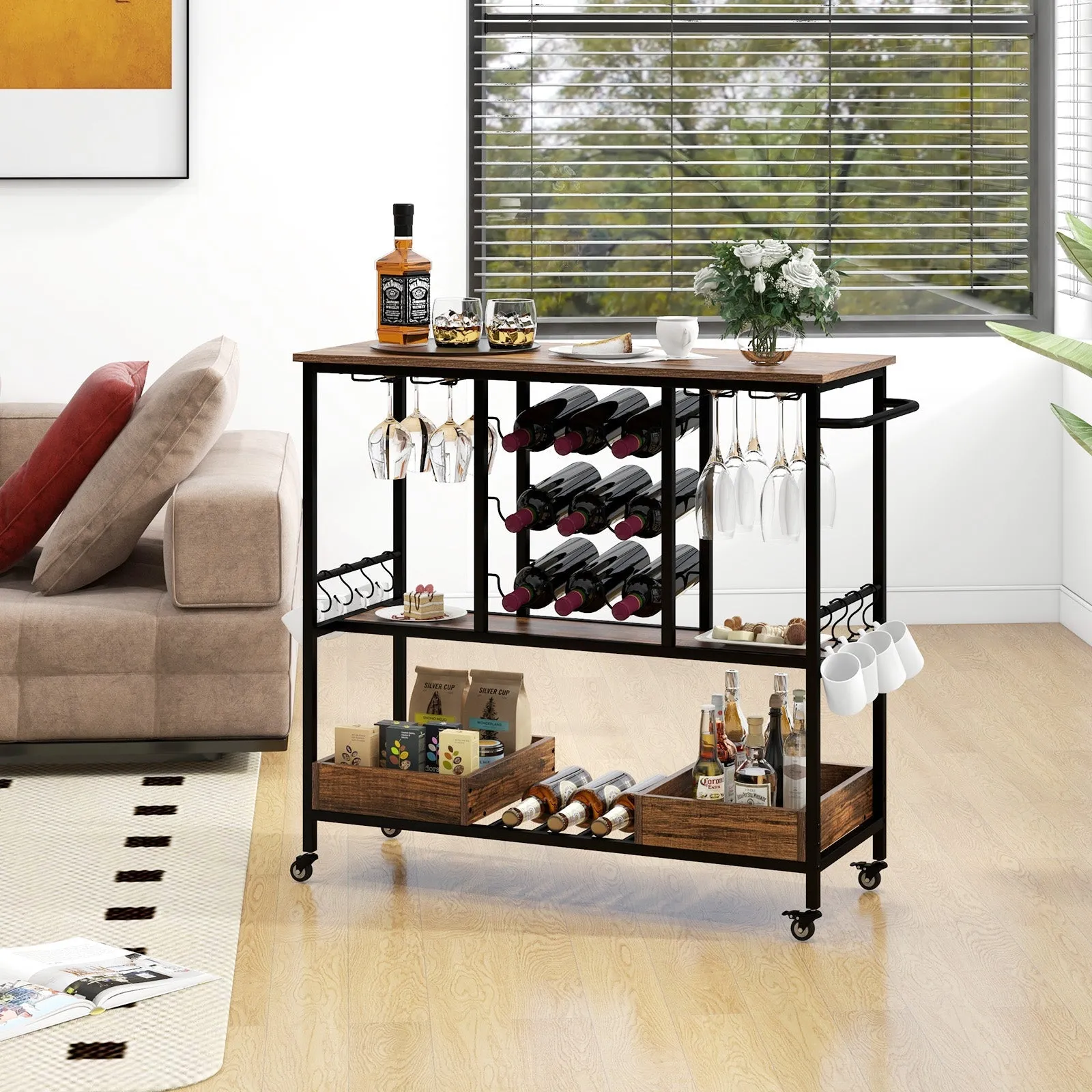 3 Tiers Bar Cart on Wheels with Glass Racks-Rustic Brown