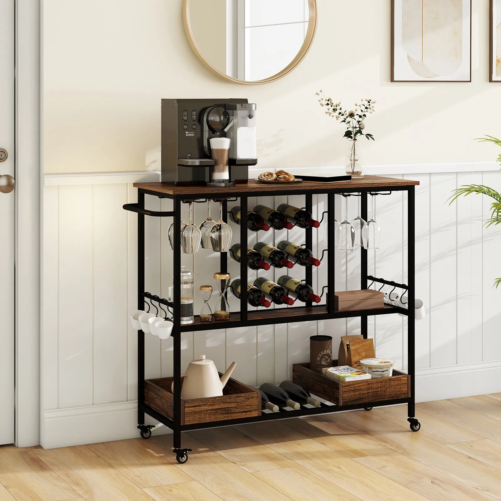 3 Tiers Bar Cart on Wheels with Glass Racks-Rustic Brown