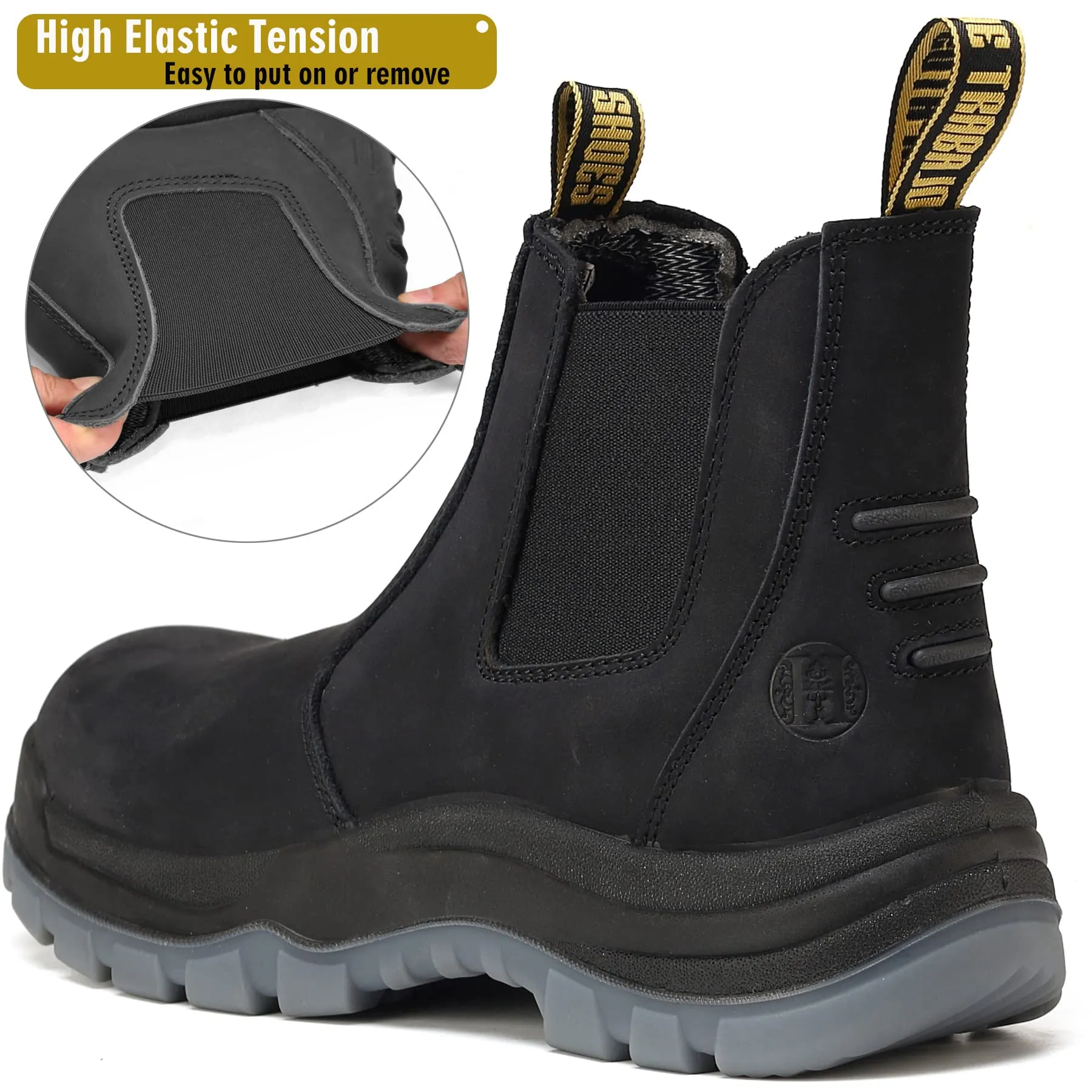 80N04 Black Soft Toe Waterproof Working Boots, Slip Resistant Anti-Static Slip-on Safety Working Boots for Men