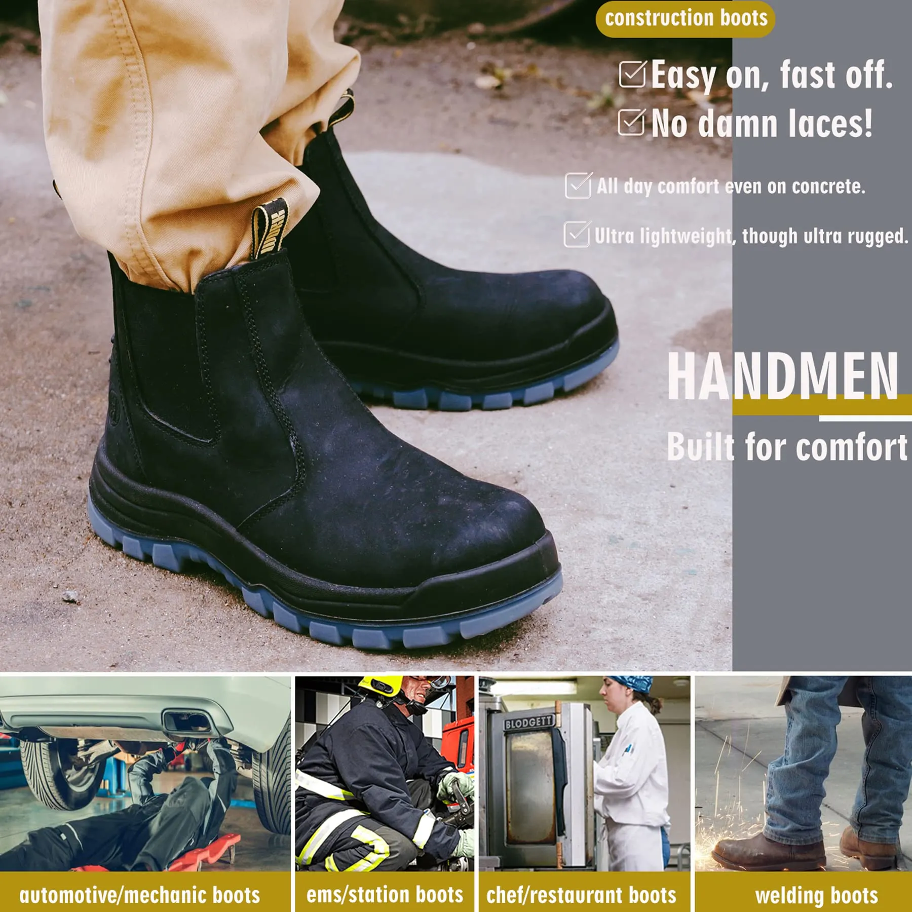 80N04 Black Soft Toe Waterproof Working Boots, Slip Resistant Anti-Static Slip-on Safety Working Boots for Men