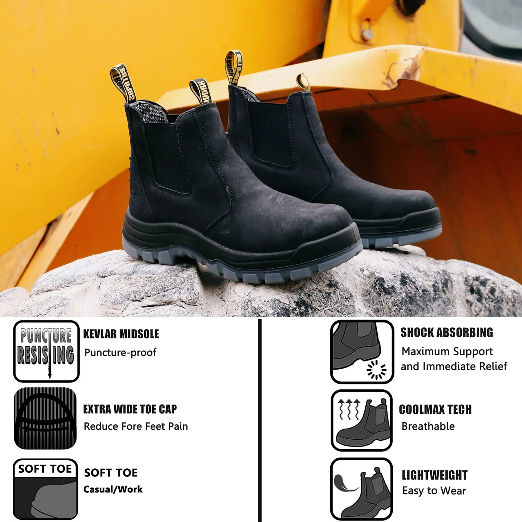 80N04 Black Soft Toe Waterproof Working Boots, Slip Resistant Anti-Static Slip-on Safety Working Boots for Men