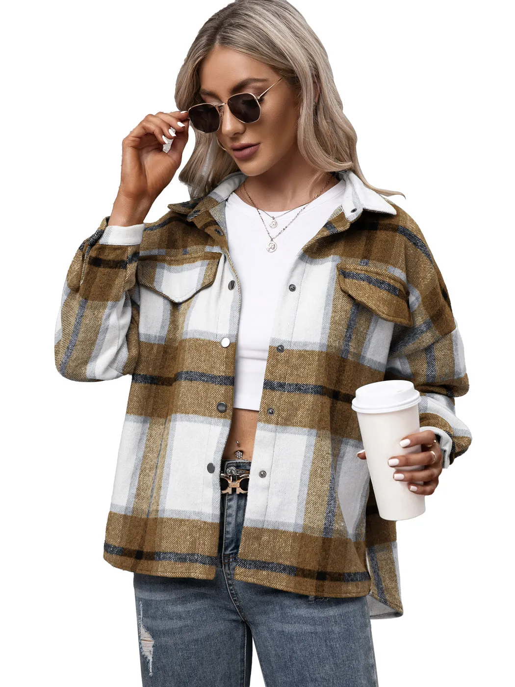 Anna-Kaci Women's Loose Plaid Jacket Shackets Wool Blend Button Down Shirt Outerwear