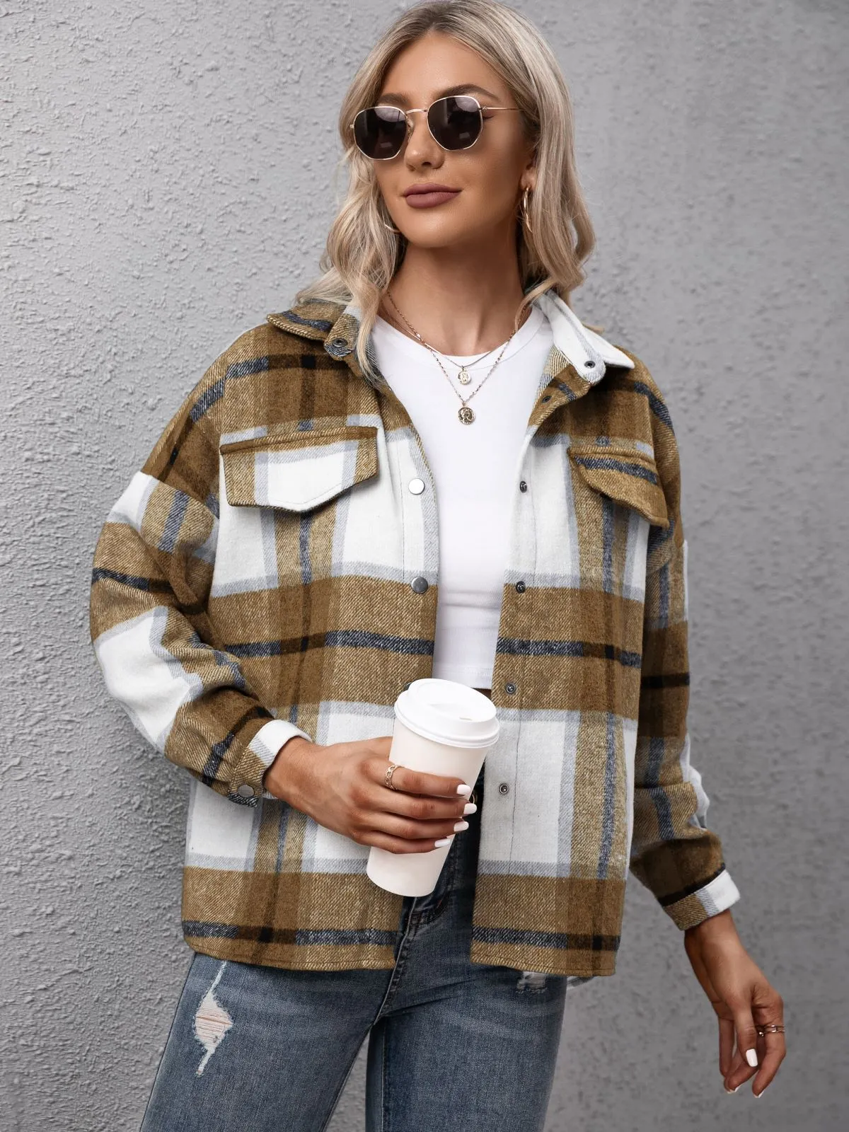 Anna-Kaci Women's Loose Plaid Jacket Shackets Wool Blend Button Down Shirt Outerwear