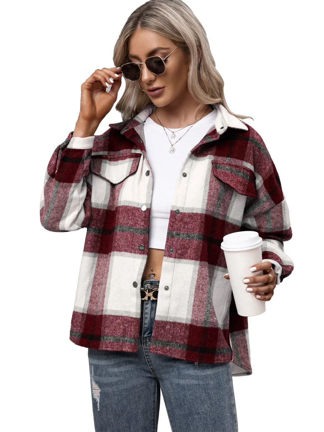 Anna-Kaci Women's Loose Plaid Jacket Shackets Wool Blend Button Down Shirt Outerwear