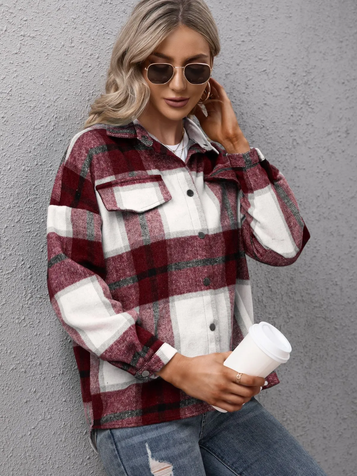 Anna-Kaci Women's Loose Plaid Jacket Shackets Wool Blend Button Down Shirt Outerwear