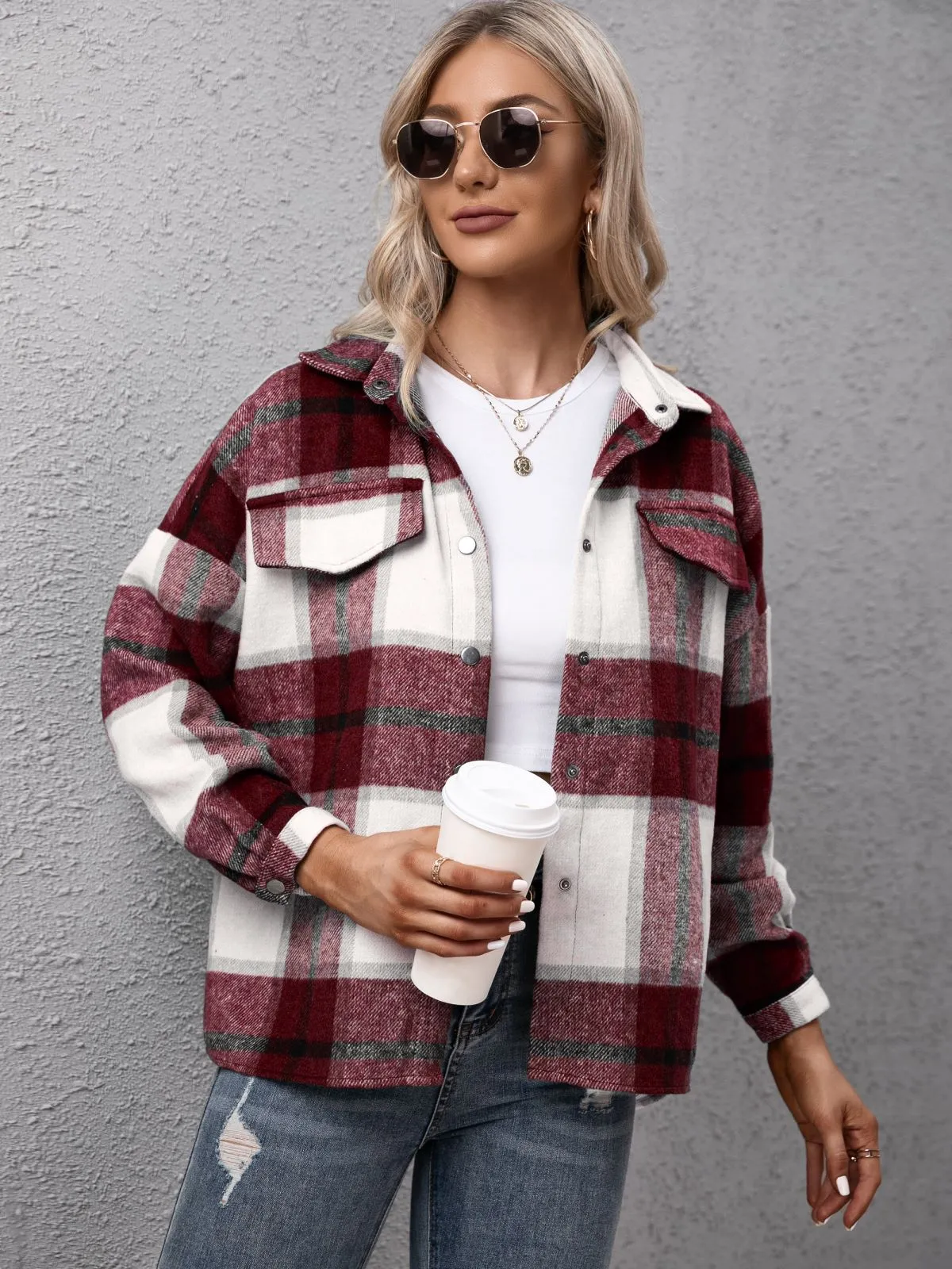 Anna-Kaci Women's Loose Plaid Jacket Shackets Wool Blend Button Down Shirt Outerwear