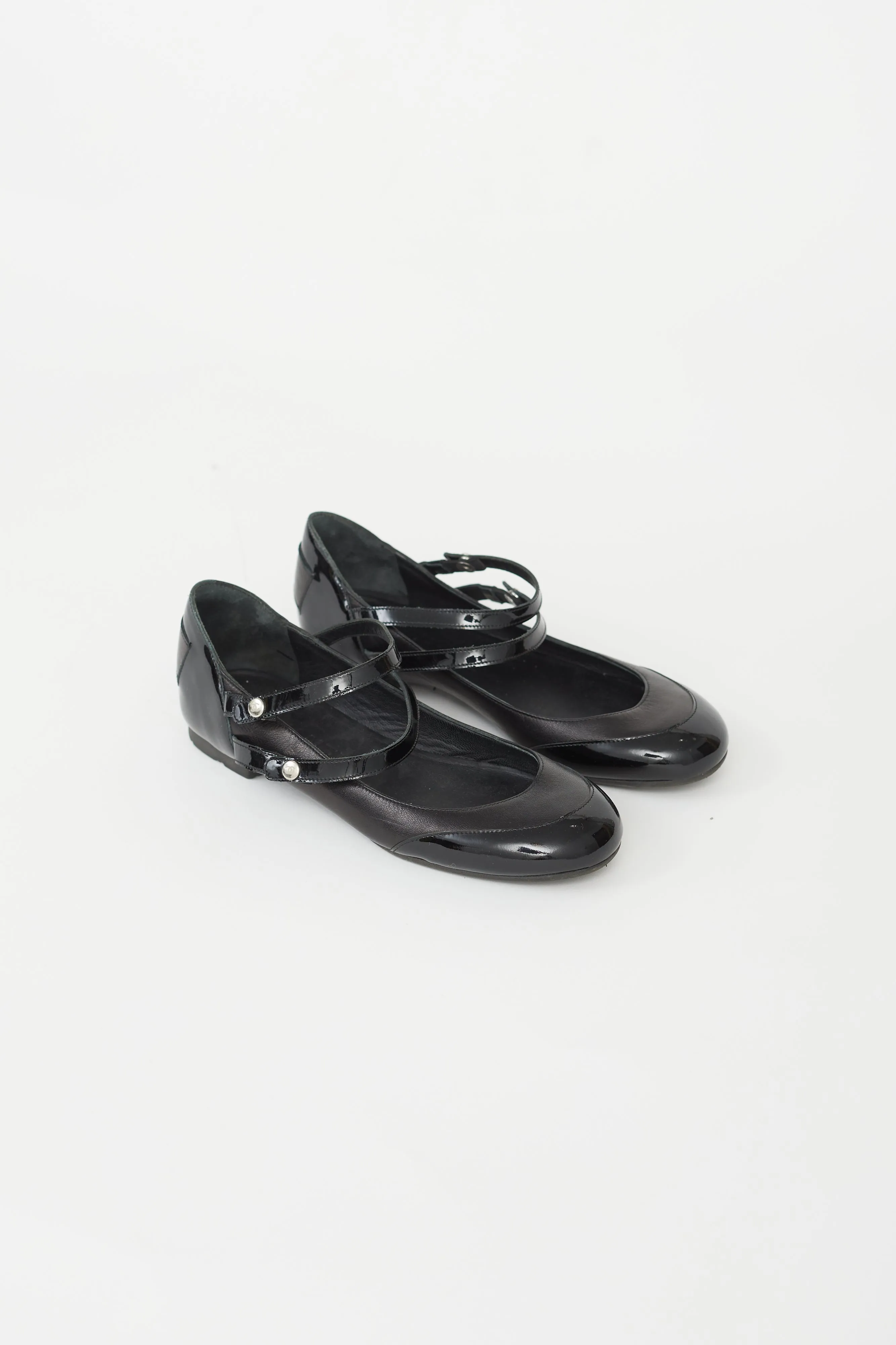 Black Leather Double Strap Mary Jane Flat