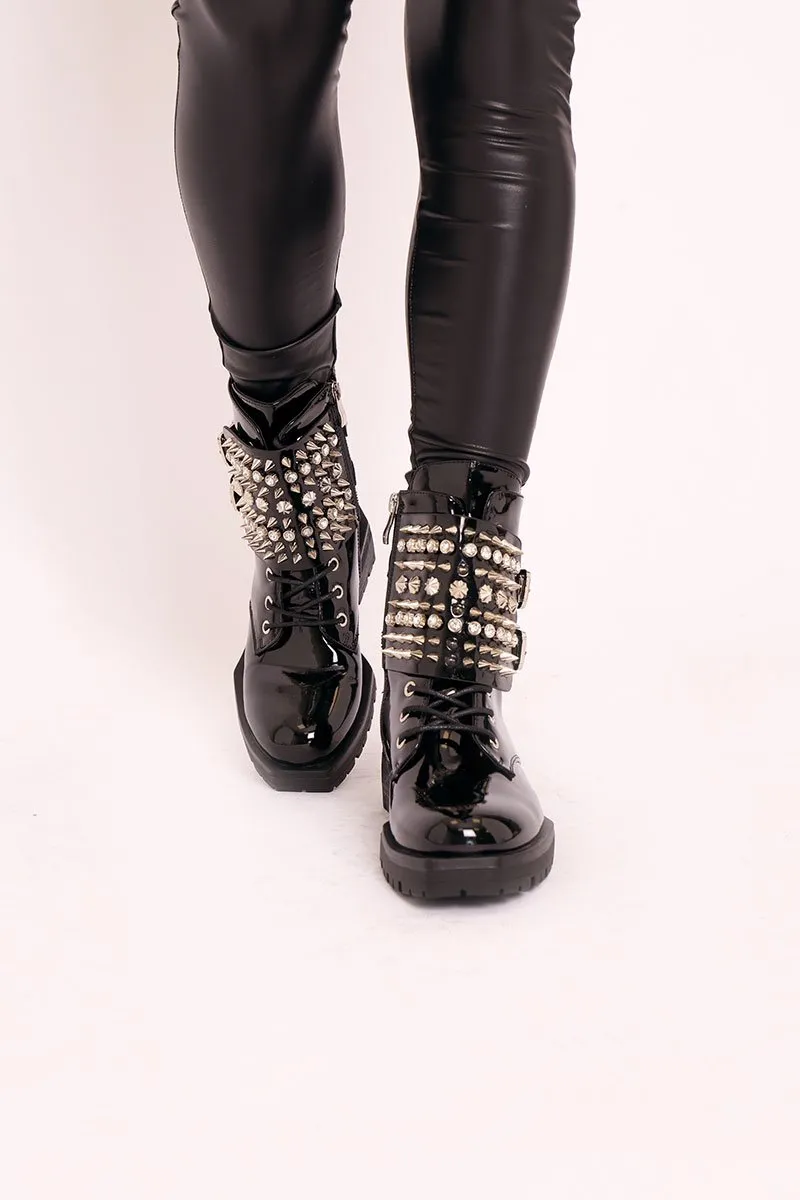 Black Patent Spike and Stud Military Boots - Evalina