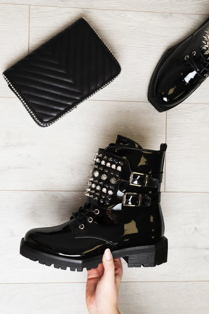 Black Patent Spike and Stud Military Boots - Evalina