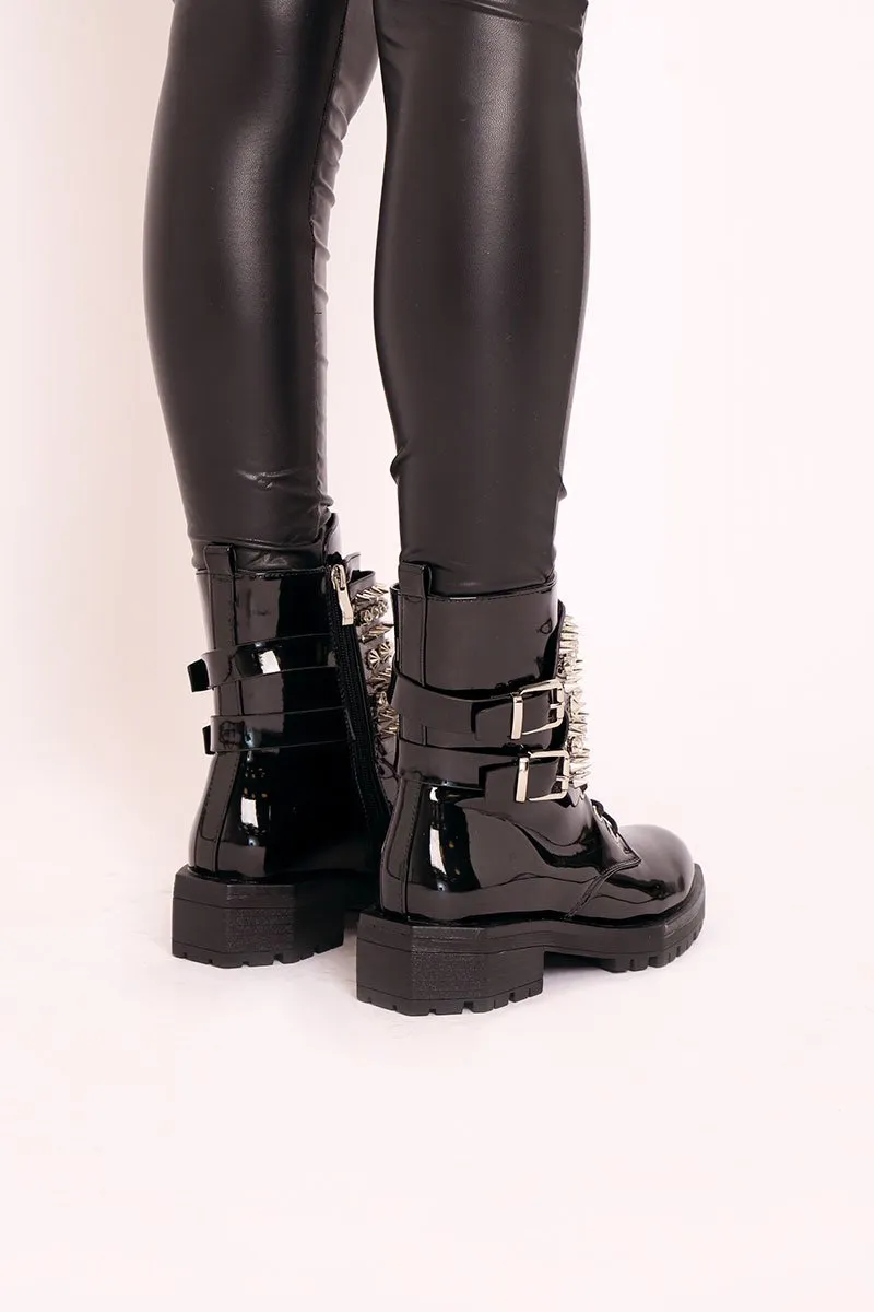 Black Patent Spike and Stud Military Boots - Evalina