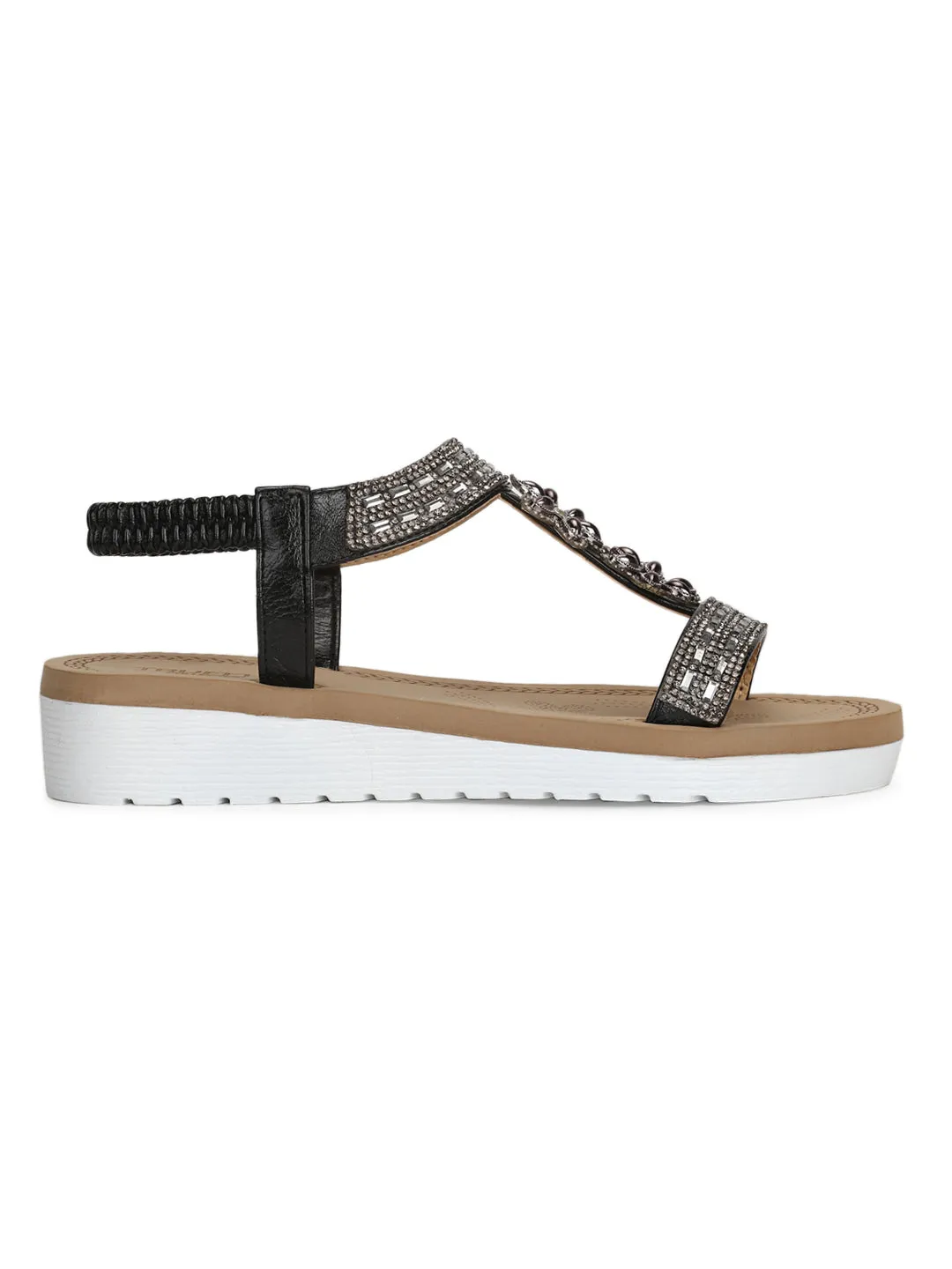 Black PU Diamante Platform Slip-On Sandals