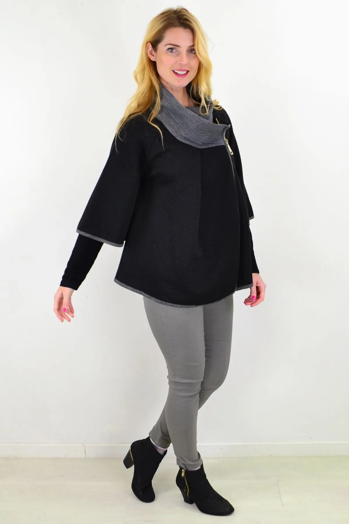 Black Quilted Grey Collar Winter Poncho Tunic