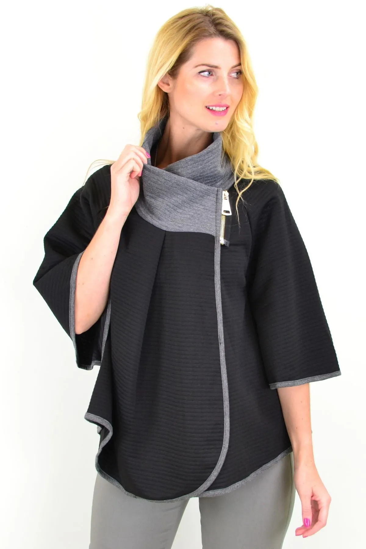 Black Quilted Grey Collar Winter Poncho Tunic