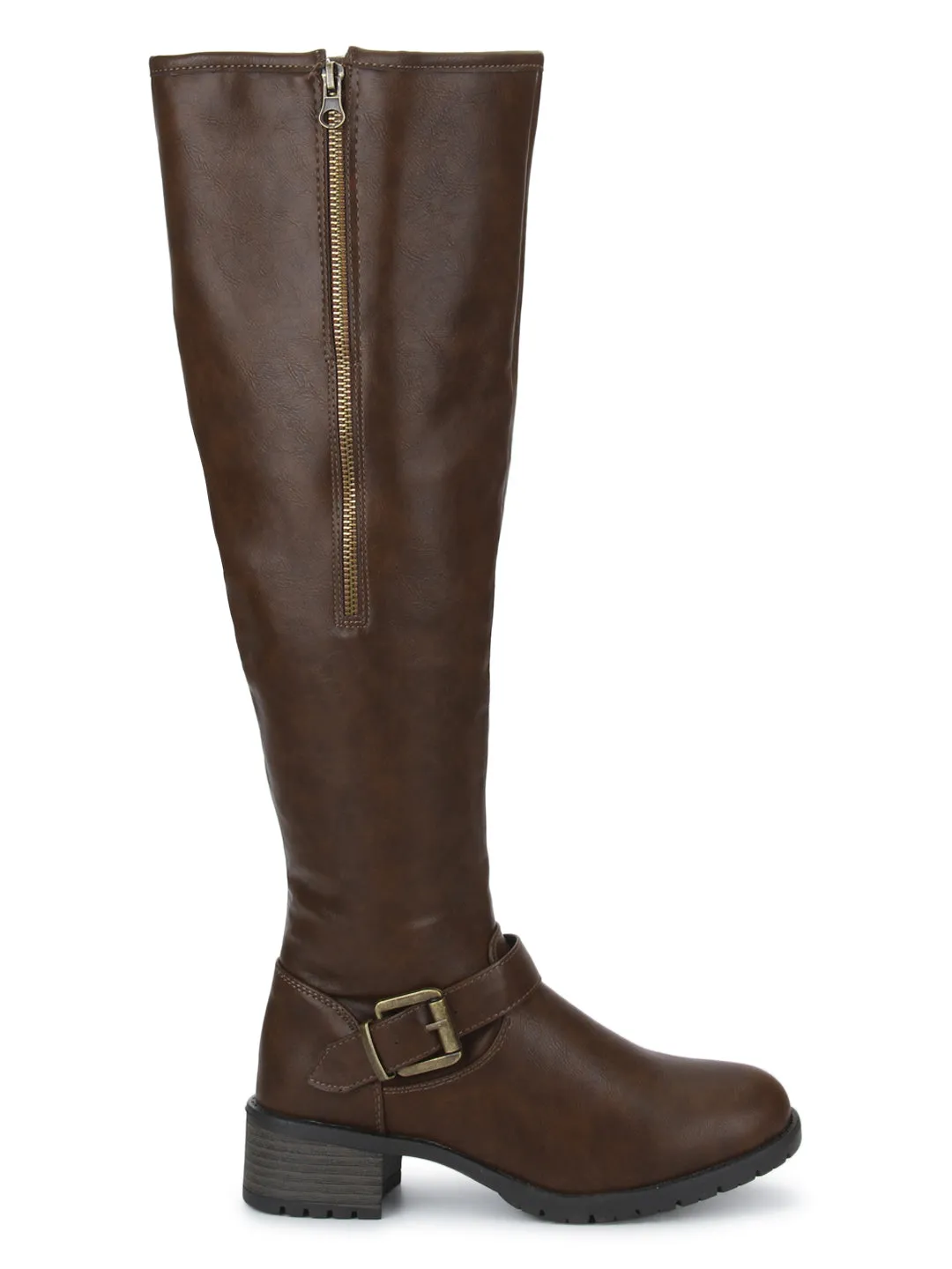 Brown PU Buckle Down Collar Long Boots