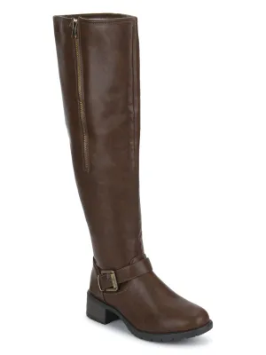 Brown PU Buckle Down Collar Long Boots