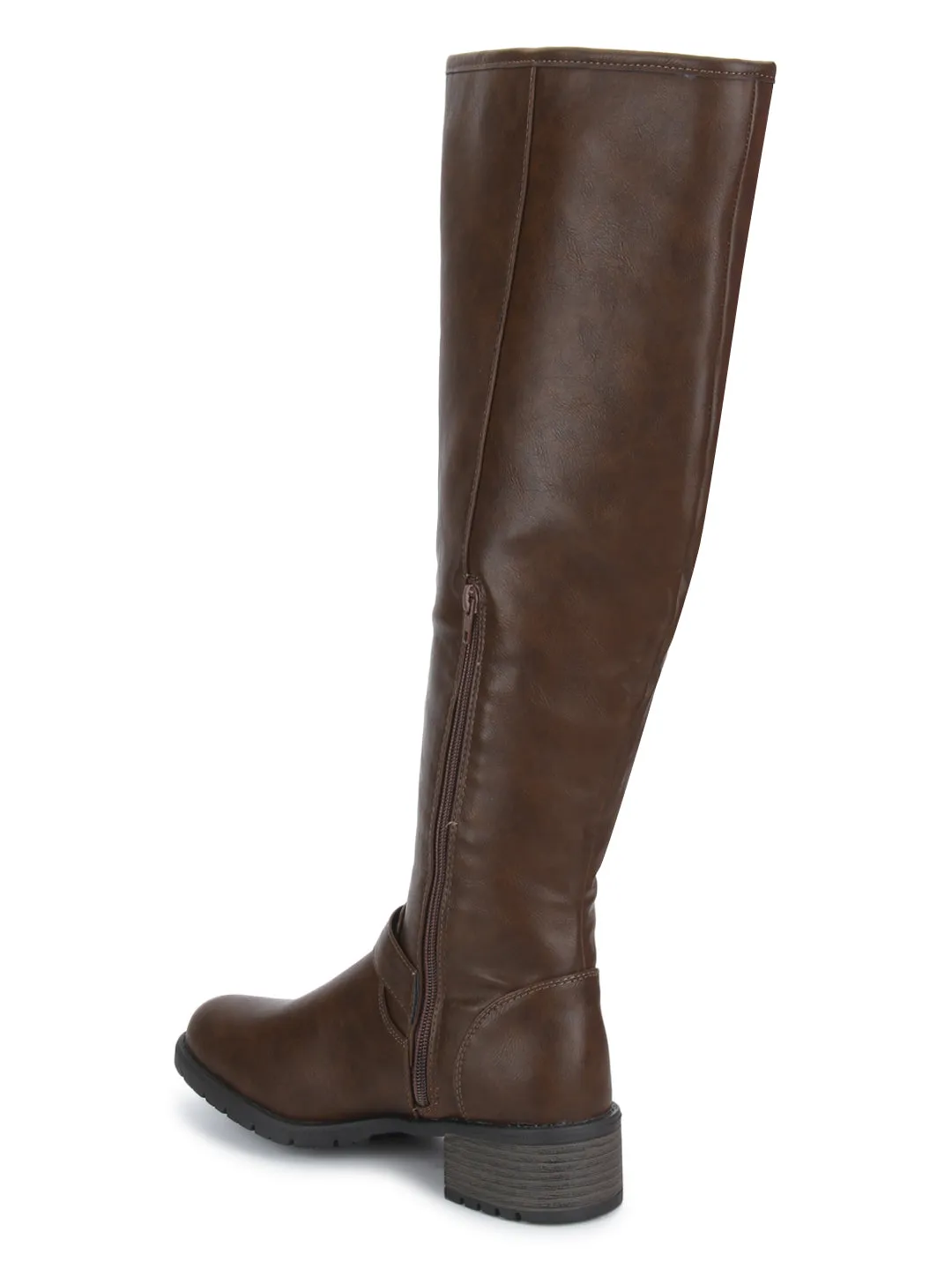 Brown PU Buckle Down Collar Long Boots