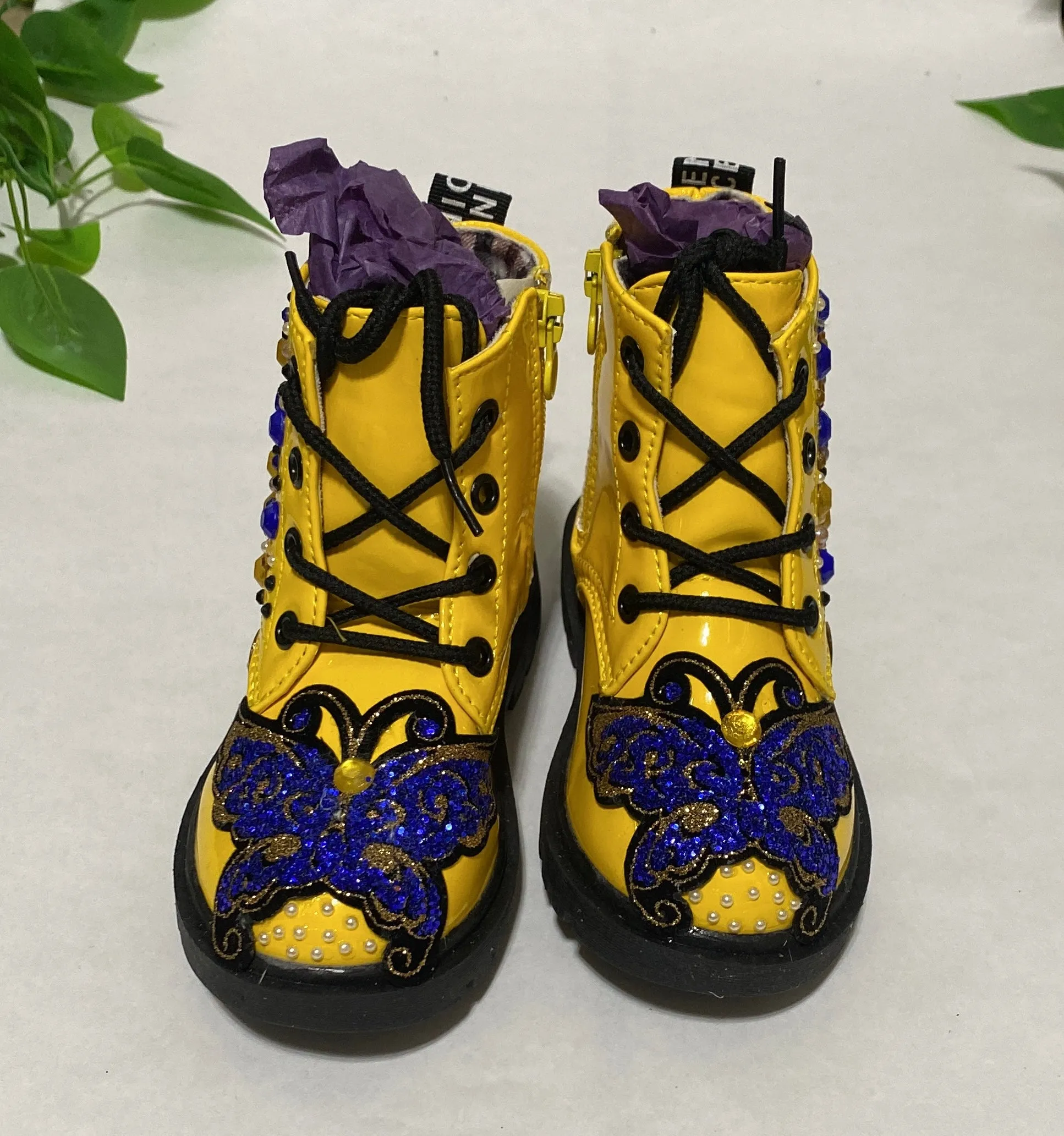 BUTTERFLY BLUE CUSTOM ONE OF A KIND YELLOW BOOTS