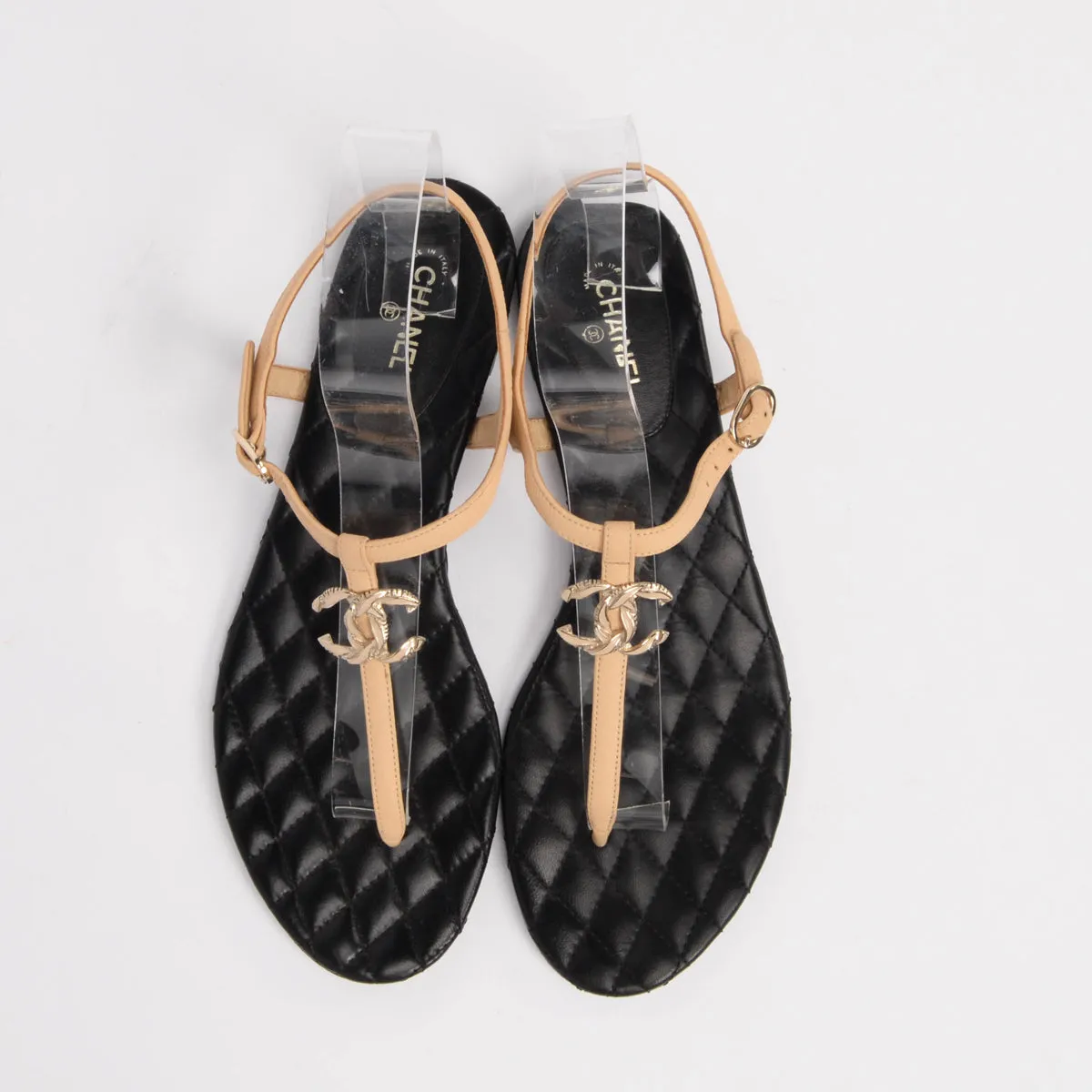 Chanel Beige & Black Quilted Lambskin CC Thong Sandals 40.5