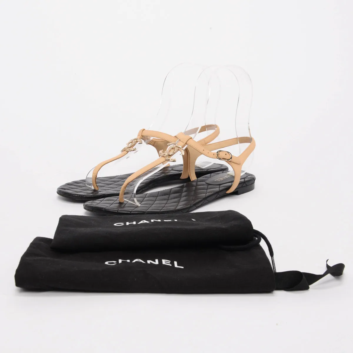 Chanel Beige & Black Quilted Lambskin CC Thong Sandals 40.5