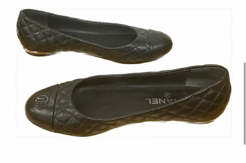 CHANEL Black Quilted CC Cap Toe Flats Size 38.5 Fit US 7.5