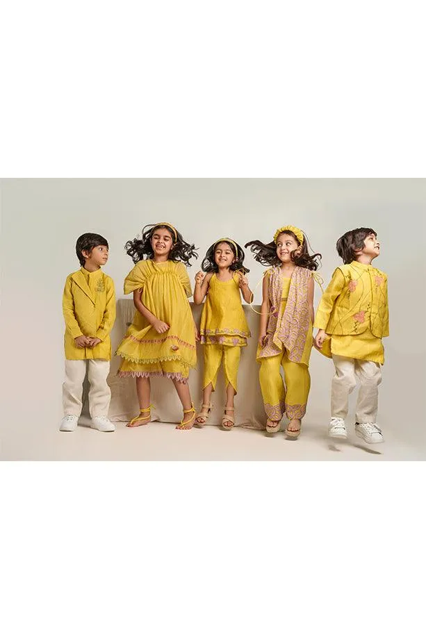 Down by the Bay- Yellow Chanderi Silk Hand Embroidered Gathered A-Line Dress for Girls