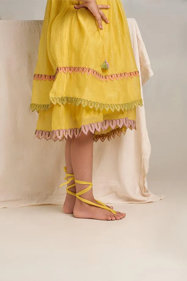 Down by the Bay- Yellow Chanderi Silk Hand Embroidered Gathered A-Line Dress for Girls