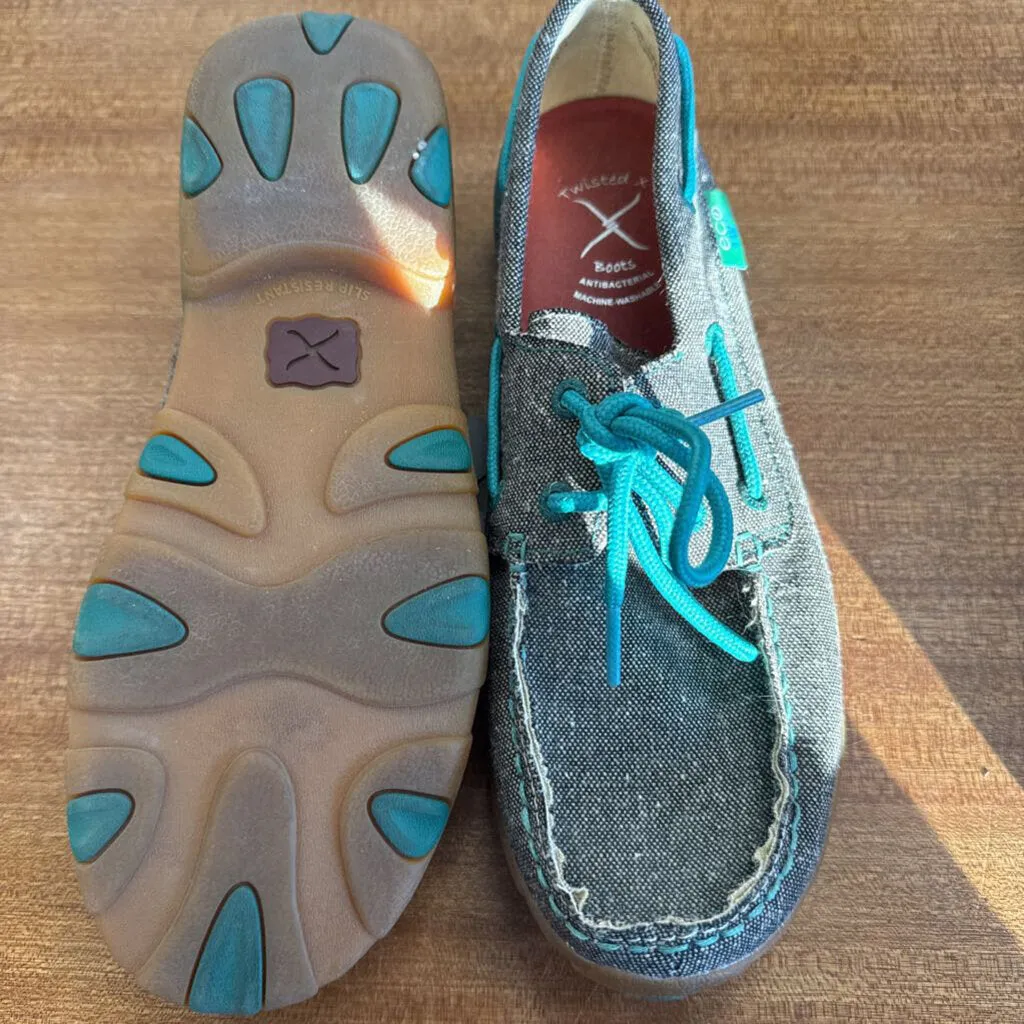 Ecotwix -Twisted X Women's ecoTWX Driving Moc Boat Shoes- MSRP $129: Brown/Grey/Teal-women-8.5