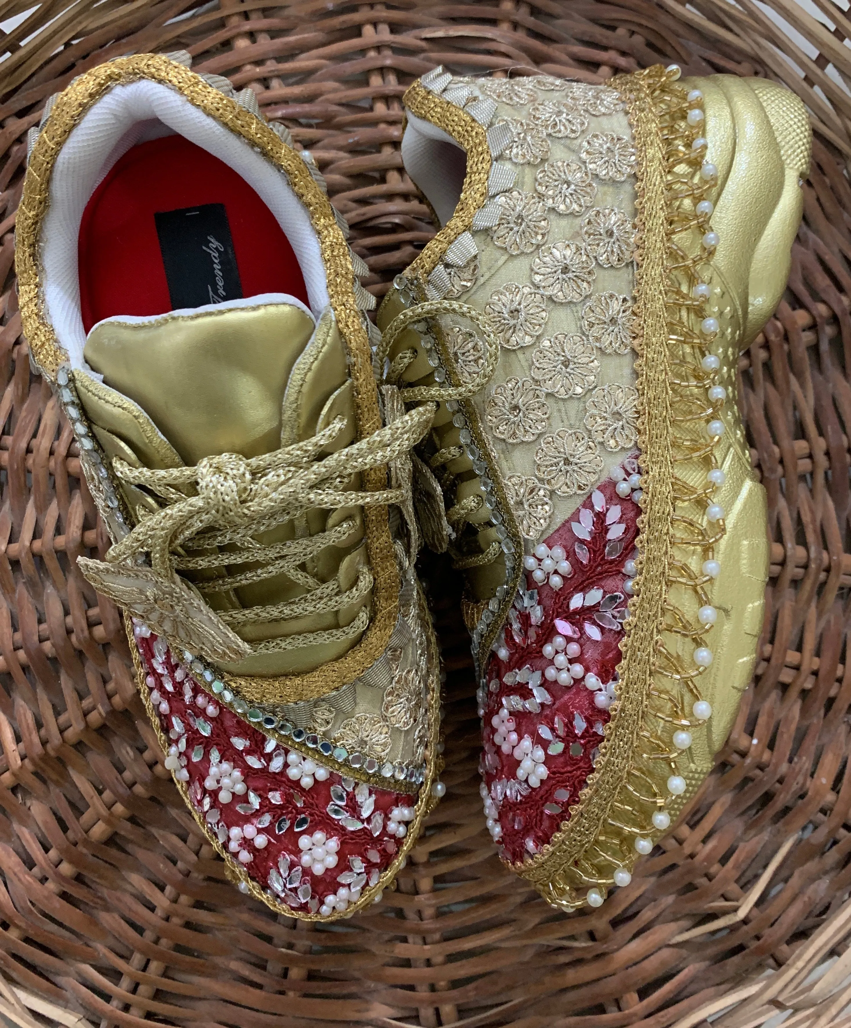 Funky N Trendy Maroon & Gold embroidery work bridal sneakers/ bridesmaid sneaker / golden sneakers/ Maroon sneakers / gold shoes / embroidery bridal sneakers