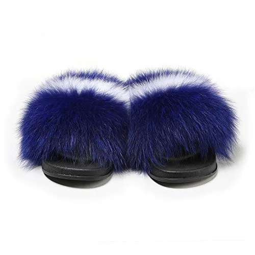 Fur Story Women's Fox Fur Slides Furry Slide for Outdoor Fluffy Sandals Open Toe Fur Slippers