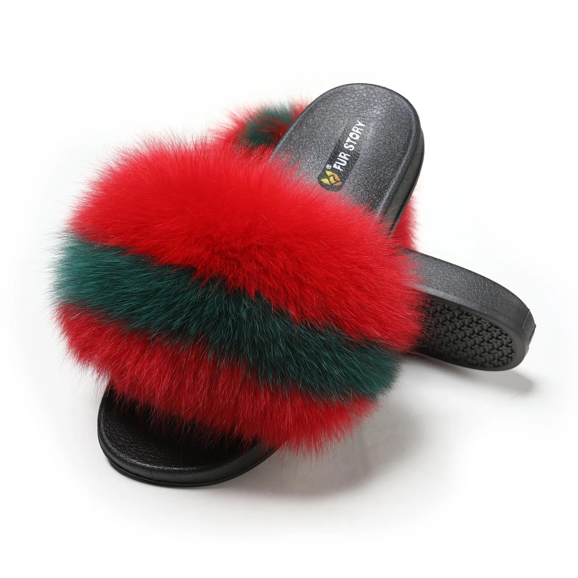 Fur Story Women's Fox Fur Slides Furry Slide for Outdoor Fluffy Sandals Open Toe Fur Slippers