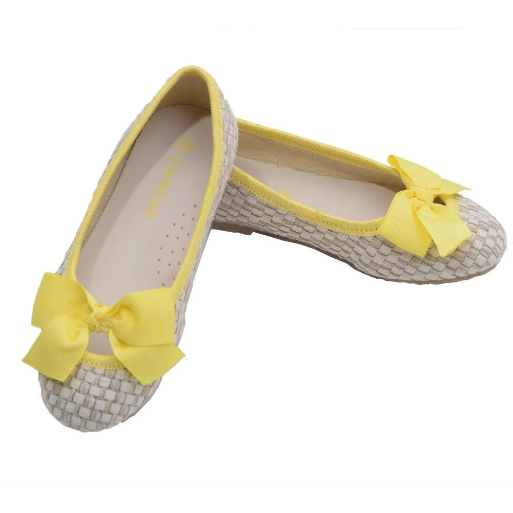 Girls Yellow Faux Straw Bow Fashion Flats 7 Toddler-4 Kids