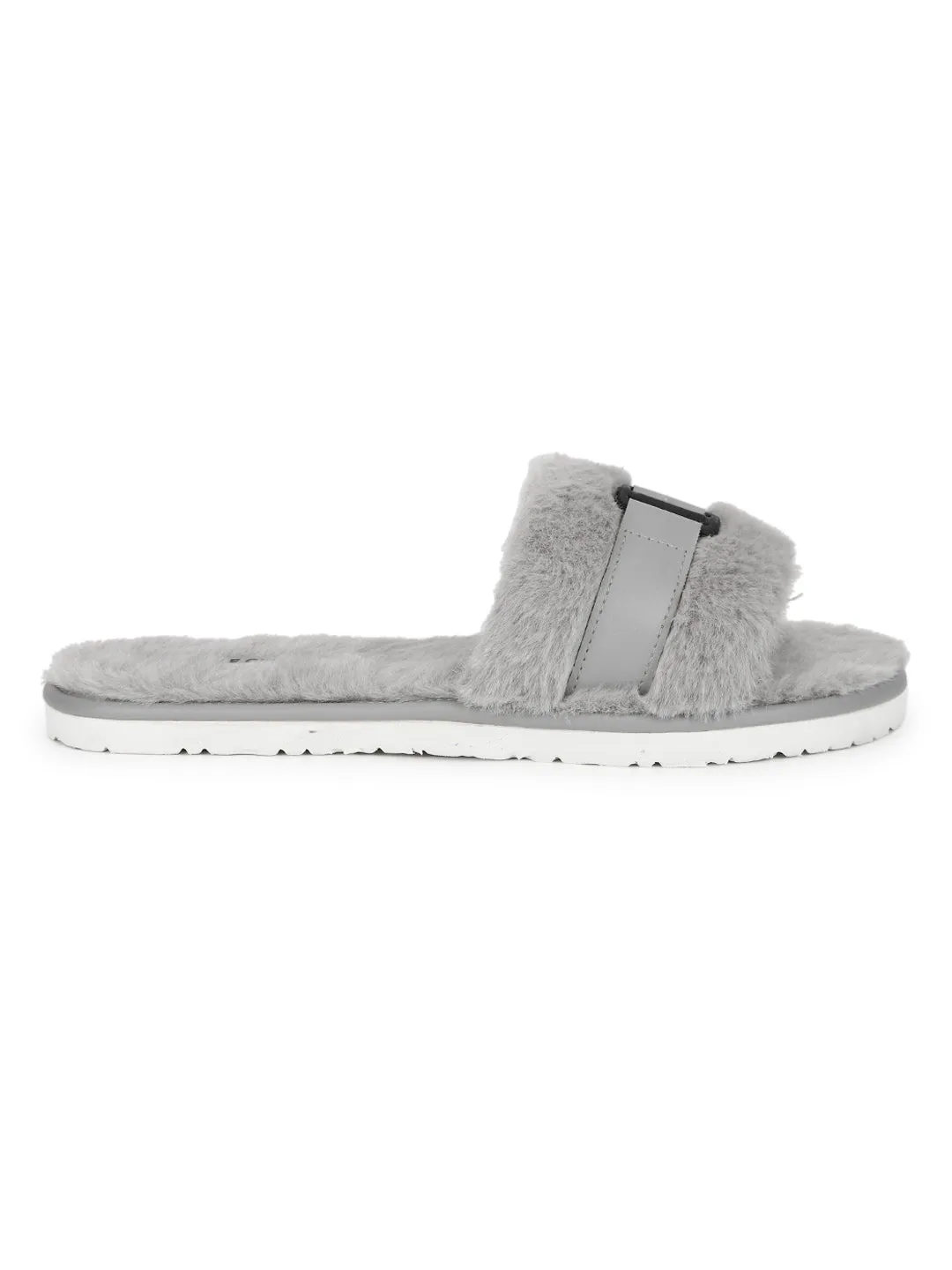 Grey Fuzzy Fur Slip Ons With Buckle (TC-ST-1167-GRY)