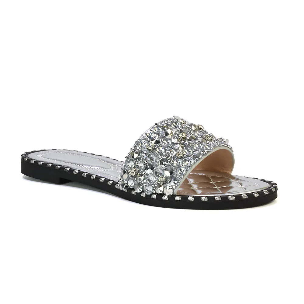 Hailey Diamante Rhinestone Strap Quilted Sole Flat Sandal Sliders in Silver