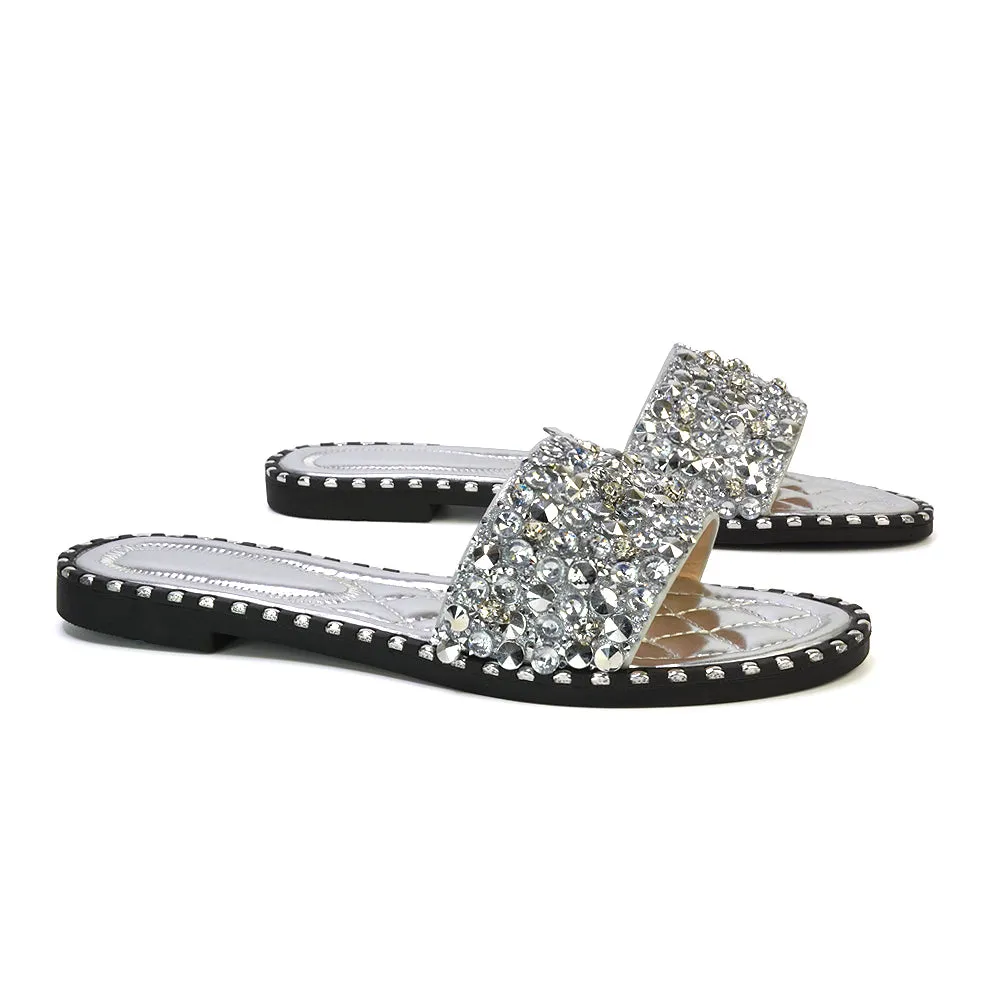 Hailey Diamante Rhinestone Strap Quilted Sole Flat Sandal Sliders in Silver