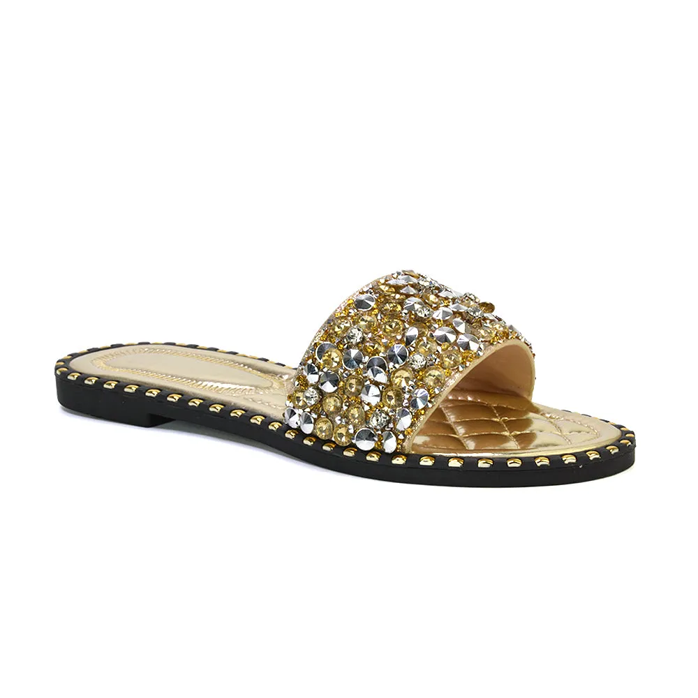 Hailey Diamante Rhinestone Strap Quilted Sole Flat Sandal Sliders in Silver