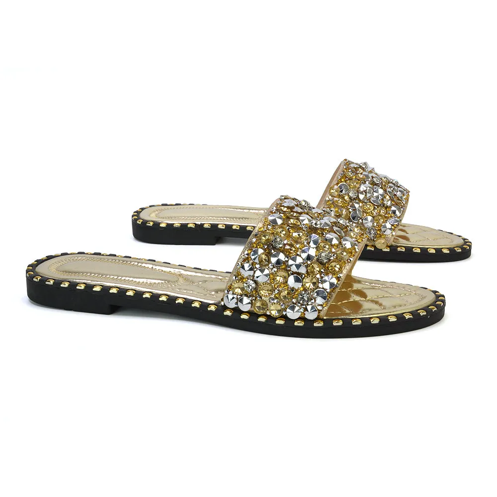 Hailey Diamante Rhinestone Strap Quilted Sole Flat Sandal Sliders in Silver