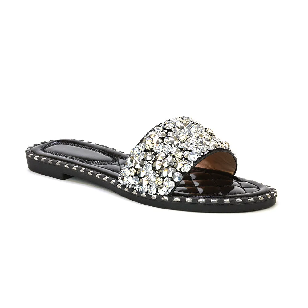 Hailey Diamante Rhinestone Strap Quilted Sole Flat Sandal Sliders in Silver