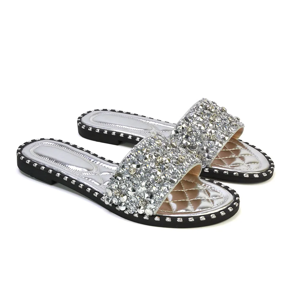 Hailey Diamante Rhinestone Strap Quilted Sole Flat Sandal Sliders in Silver