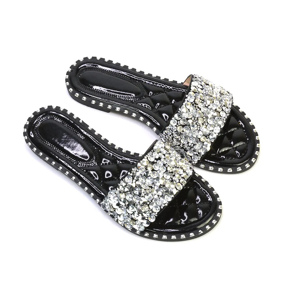 Hailey Diamante Rhinestone Strap Quilted Sole Flat Sandal Sliders in Silver