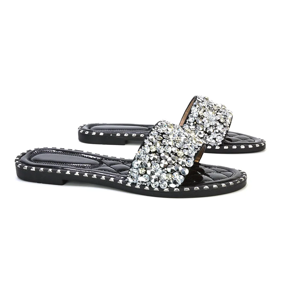 Hailey Diamante Rhinestone Strap Quilted Sole Flat Sandal Sliders in Silver