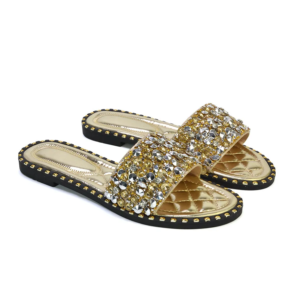 Hailey Diamante Rhinestone Strap Quilted Sole Flat Sandal Sliders in Silver