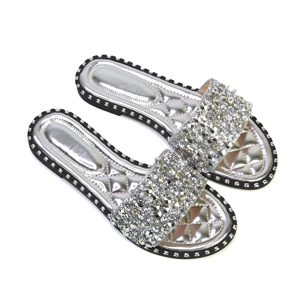 Hailey Diamante Rhinestone Strap Quilted Sole Flat Sandal Sliders in Silver