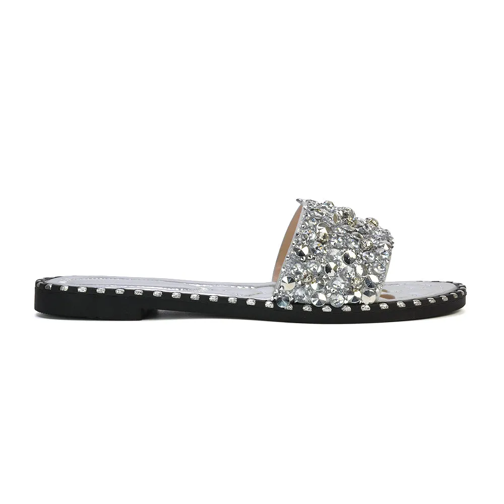 Hailey Diamante Rhinestone Strap Quilted Sole Flat Sandal Sliders in Silver