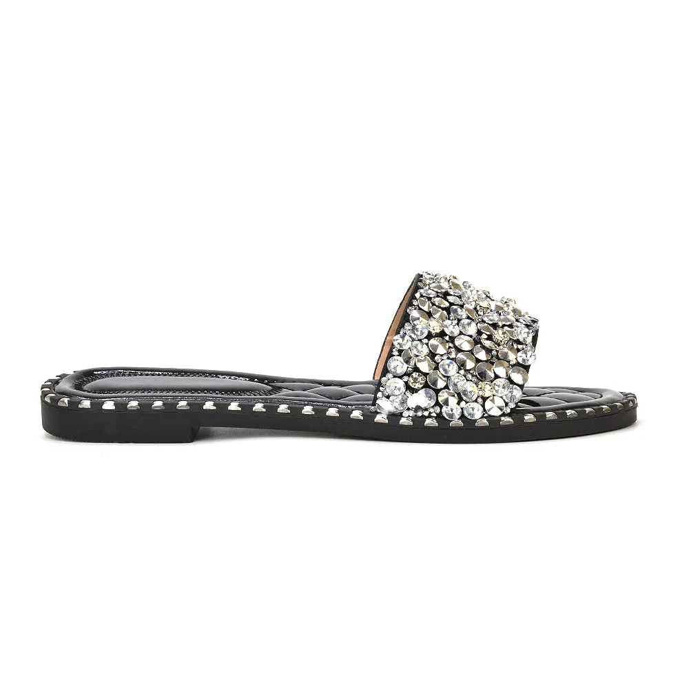 Hailey Diamante Rhinestone Strap Quilted Sole Flat Sandal Sliders in Silver