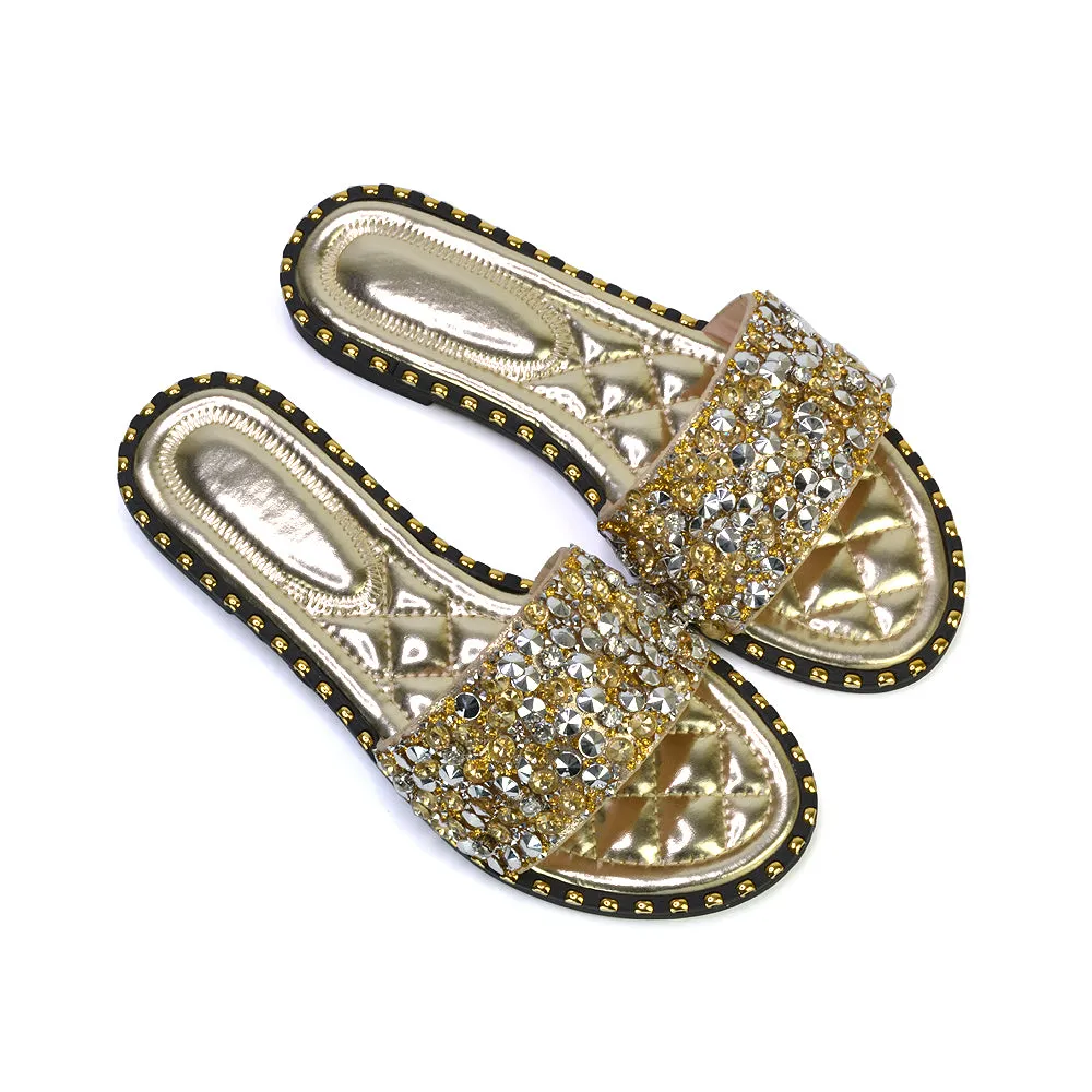 Hailey Diamante Rhinestone Strap Quilted Sole Flat Sandal Sliders in Silver