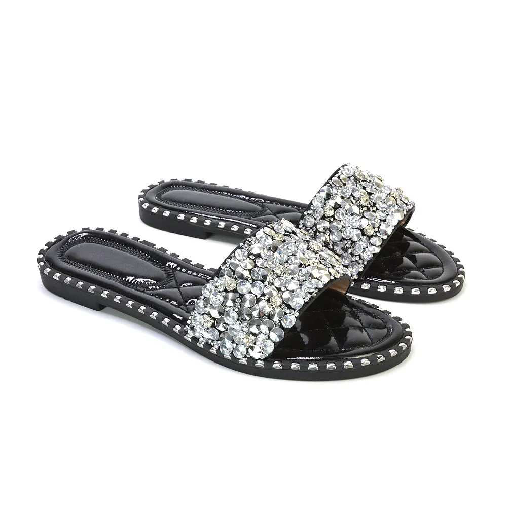 Hailey Diamante Rhinestone Strap Quilted Sole Flat Sandal Sliders in Silver