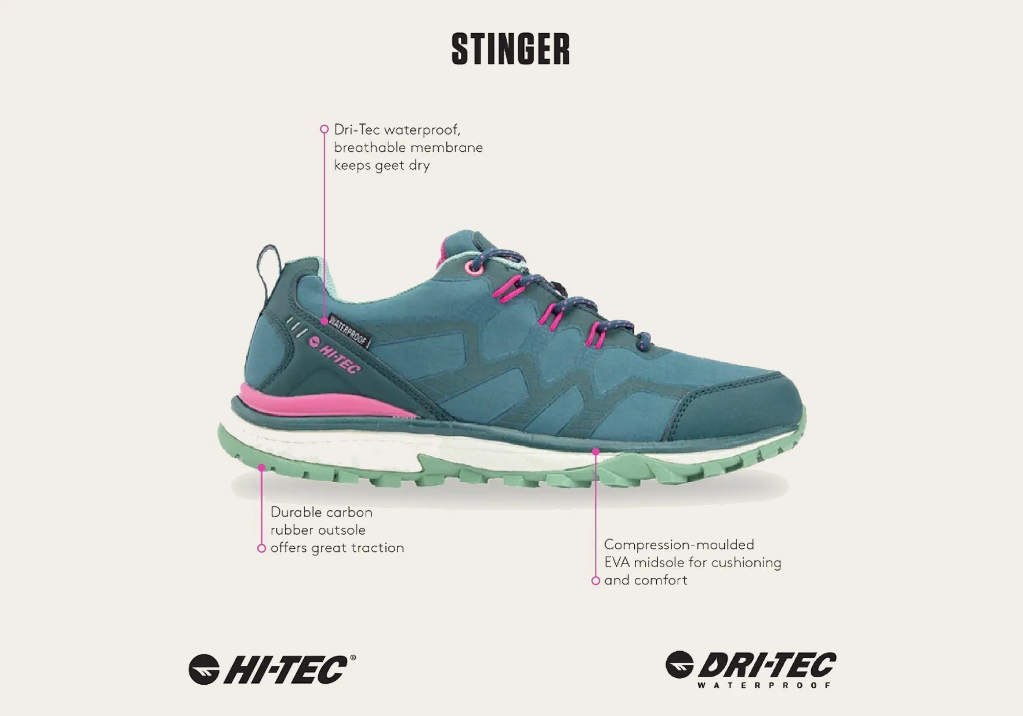 Hi Tec Womens Stinger Waterproof Lace Up Walking Shoes